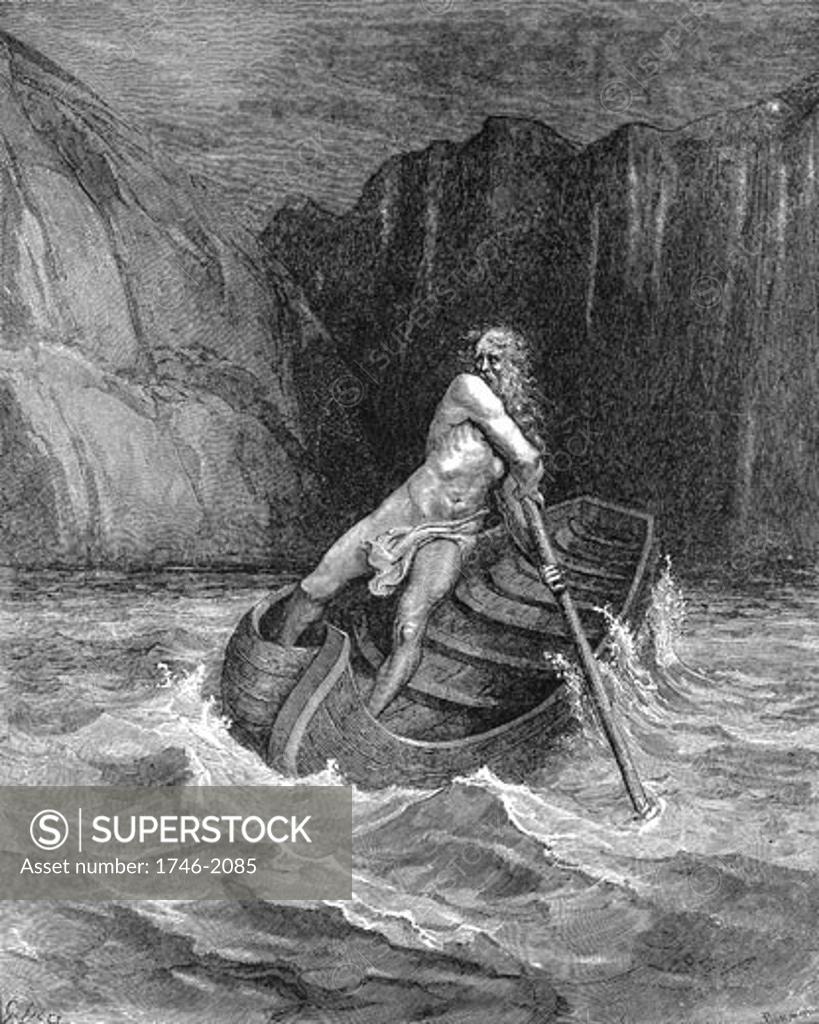 Charon The Ferryman Rowing To Collect Dante And His Guide Virgil To