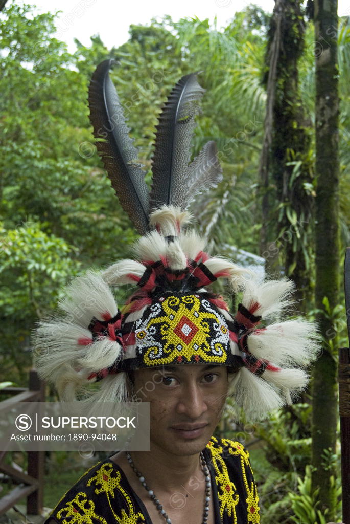 Iban Tribesman Wearing Traditional Tribal Headdress Of Hornbill