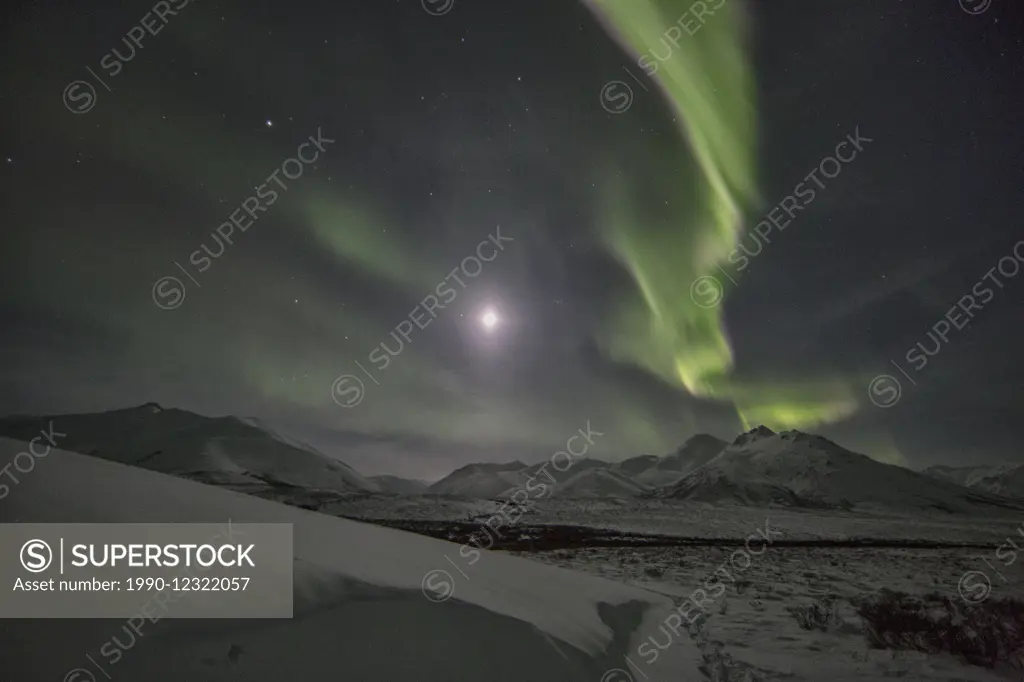 Northern Lights Or Aurora Borealis Above The Snow Covered Tundra Along