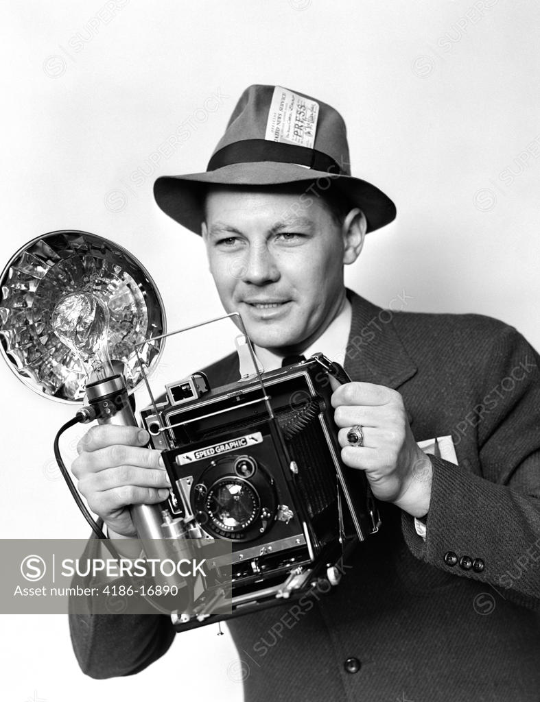 1930S 1940S 1950S Press Photographer Man Holding Speed Graphic Camera