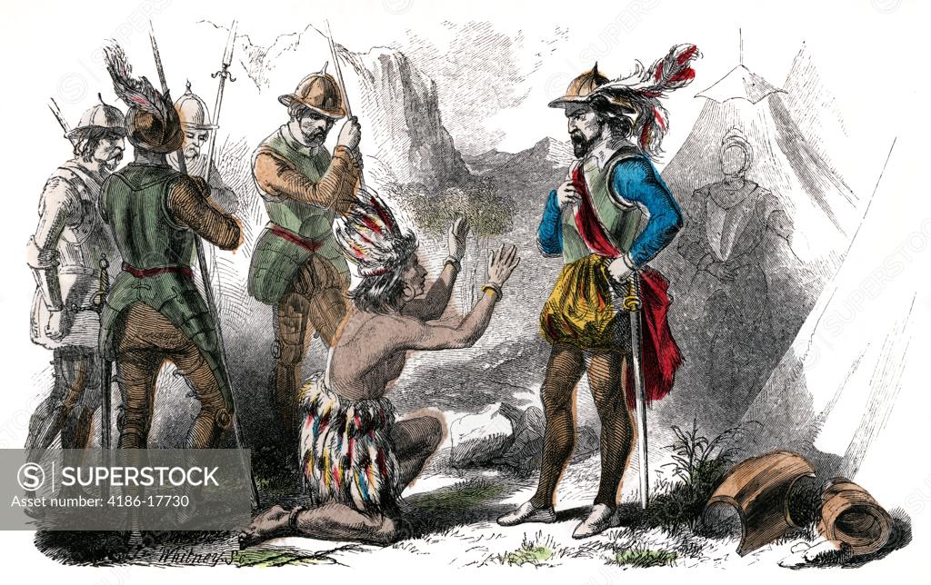 1500S Last Inca Emperor Atahualpa Kneeling Before Spanish Conquistador