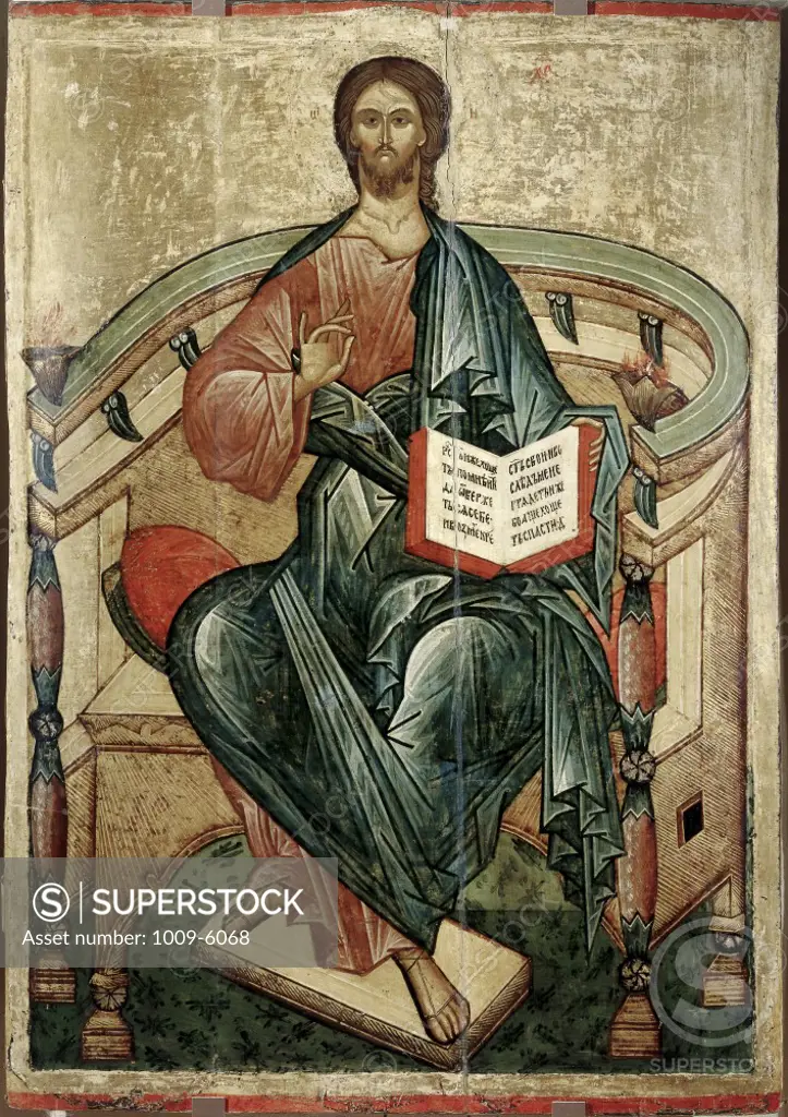 The Saviour Sitting on the Throne  15th Century,  Painting Icon Novgorod, Russia 