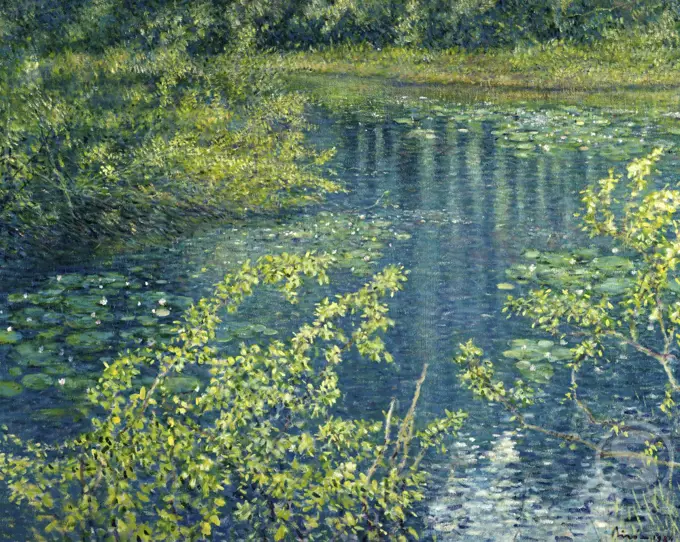 Water Lilies in Algonquin Park, Ontario, Canada by Geza Biro, oil on canvas, 1984, b. 1919