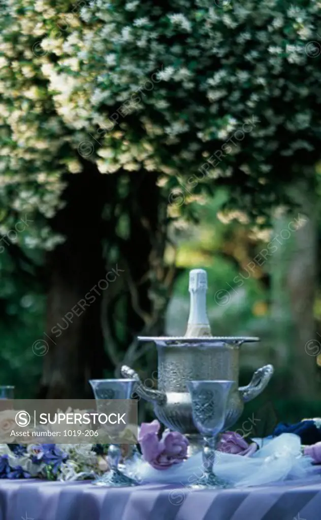 Two champagne flutes in front of an ice bucket on a table