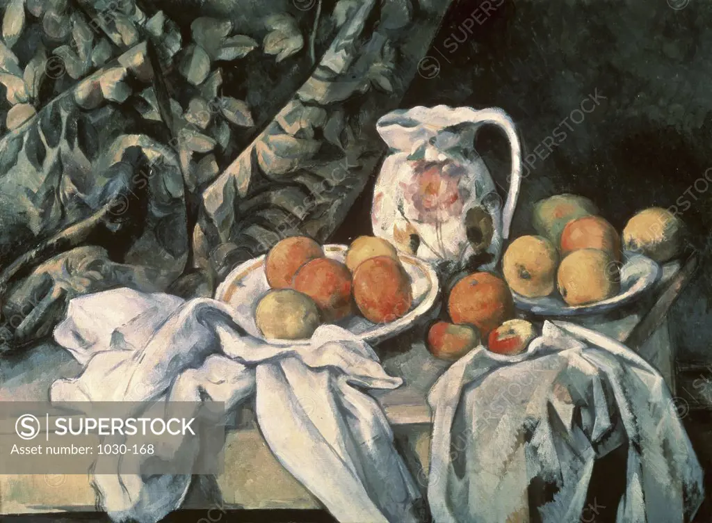 Still Life with Curtain c.1895 Paul Cezanne (1839-1906/French) Oil on Canvas State Hermitage Museum, St. Petersburg, Russia