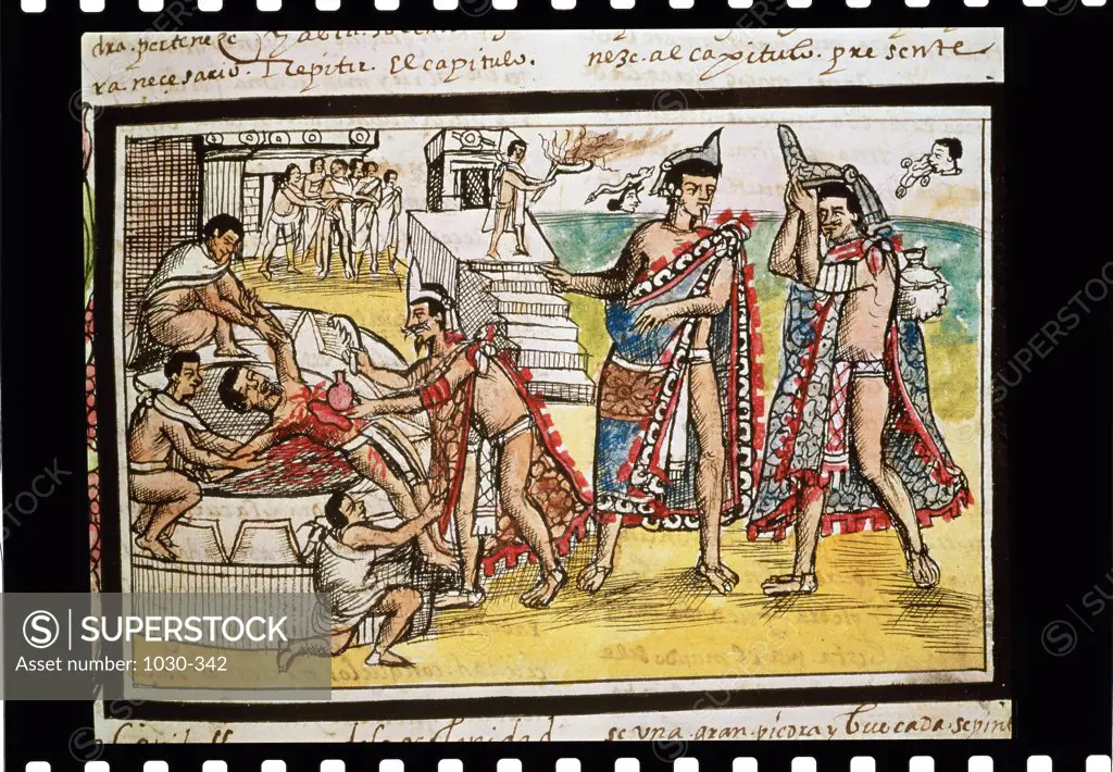 Diego Duran: Histoire des Indiens. Sacrifice Humain Diego Duran:  History of the Indians. Human Sacrifice 1579 Artist Unknown (Spanish) Miniature Biblioteca Nacional, Madrid, Spain