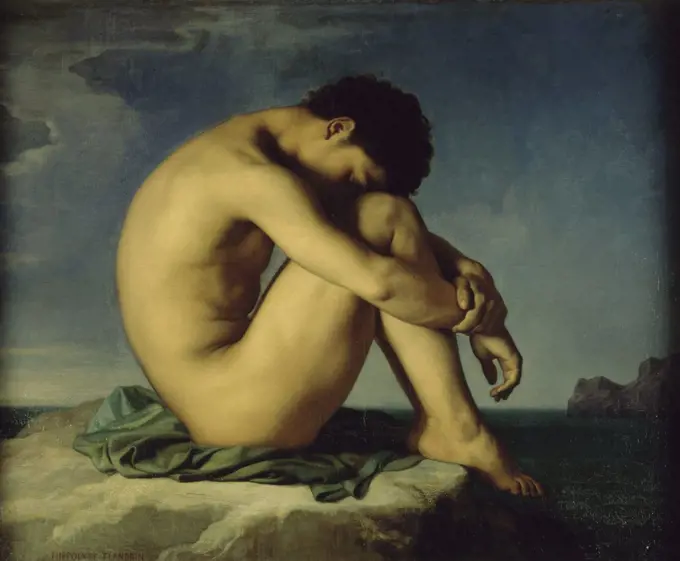 Male Nude Seated on the Edge of the Sea - Figure Study (Jeune Homme Nu Assis au Bord de la Mer - Figure d'Etude) 1836 Hippolyte-Jean Flandrin (1809-1864/French) Oil on Canvas Musee du Louvre, Paris, France 