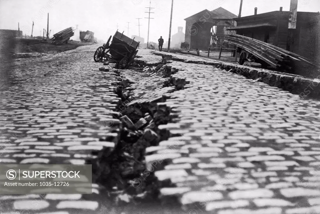 San Francisco, California: 1906. A split on the north end of East Street from the earthquake. East St. is now the Embarcadero.