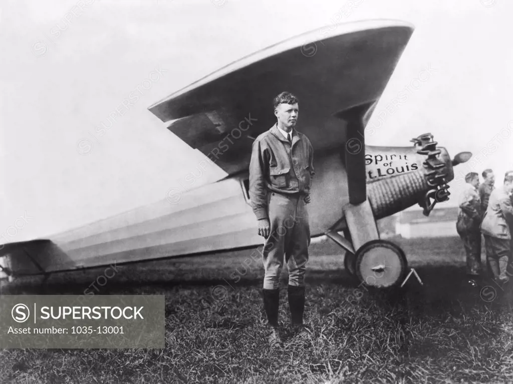 Roosevelt Field, New York:   May 20, 1927 Captain Charles Lindbergh with his plane, The Spirit of St. Louis, just before he departed on his record setting non-stop flight across the Atlantic Ocean from Long Island, New York to Paris.