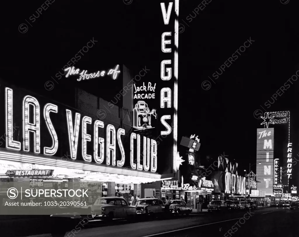 Las Vegas, Nevada:   c. 1959 The strip with Biff's Las Vegas Club up close and The Mint further down the street.