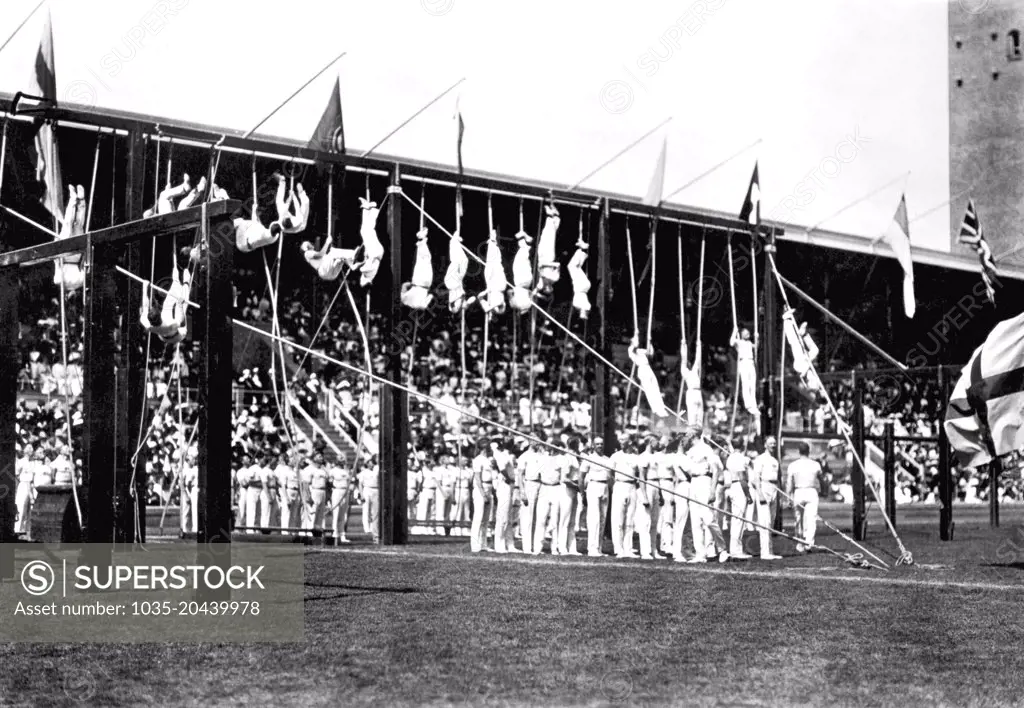 Stockholm, Sweden:  1912 Swedish gymnasts in a exhibition at the Olympic Games.