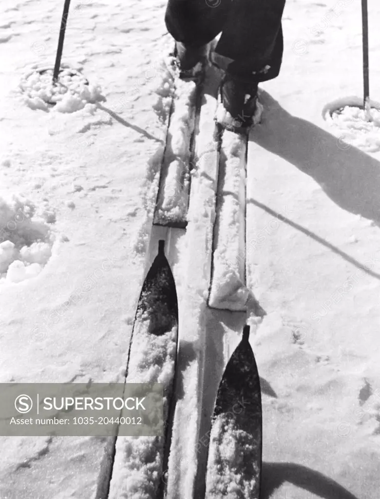 United Staes:  c. 1930 A close up of the skis of two cross country skiers following in the same track.