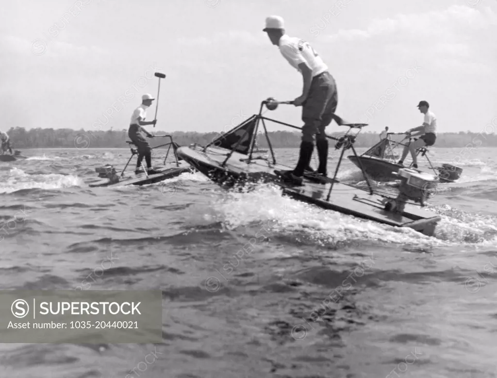 New Jersey:   c. 1936 A new water sport, speedboat polo, being played under the auspices of the South Jersey Speedboat Association. Spills and thrills add to the excitement.