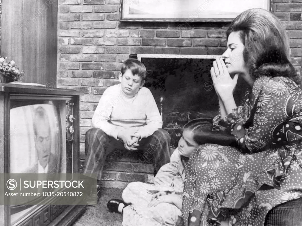 Memphis, Tennessee:  1972 Bonnye Vohden listens as President Nixon announce on television his Vietnam withdrawal plans. Her husband, Navy Lt. Commander Raymond Vohden has been a prisoner of war in North Vietnam for eight years.