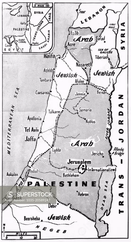 Palestine: September 1, 1947 A map showing the shaded areas of the Arab State recommended by U.N. Special Committee on Palestine. The unshaded areas are the Jewish State. Jerusalem and its environs, including Bethlehem, would be internationalized under a United Nations trusteeship.