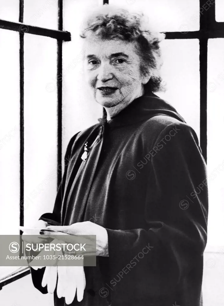 London, England:   July 3, 1947 Mrs. Margaret Sanger Slee, American advocate and founder of Planned Parenthood, upon her arrival in London for the Oxford Family Planning Conference.