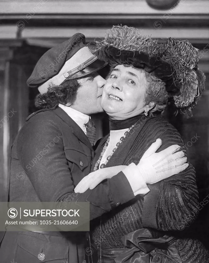 New York, New York:  February 15, 1922 French aviatrix Jane Hervieux greets her mother aboard the S.S. Rochambeau in NY. Her mother is coming here to be her daughter's first student at the Curtis School of Flying on Long Island. Jane Hervieux went on to instruct the New York State Police Air Squadron and gave lessons to Amelia Earhart. She was the first woman to take up flying as a profession.