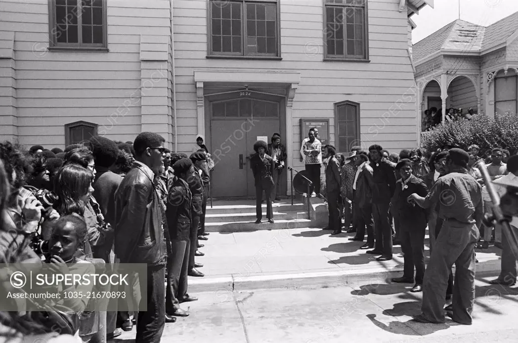 Oakland, California:  1971 The gathering for the funeral of Black Panther George Jackson at St. Augustine's Episcopal Church.