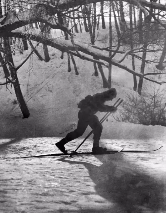 Moscow, Russia:  c. 1930. A cross country skier skiing by moonlight.
