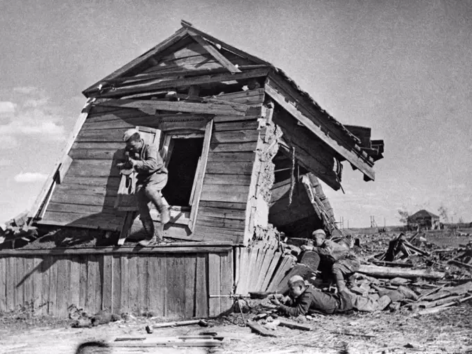 Stalingrad,  Russia:  1942. Russian soldiers fighting against the advancing German army on the outskirts of Stalingrad.