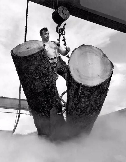 Canada:   1956. A worker in a pulp mill maneuvers logs to be steamed so the bark can be removed.