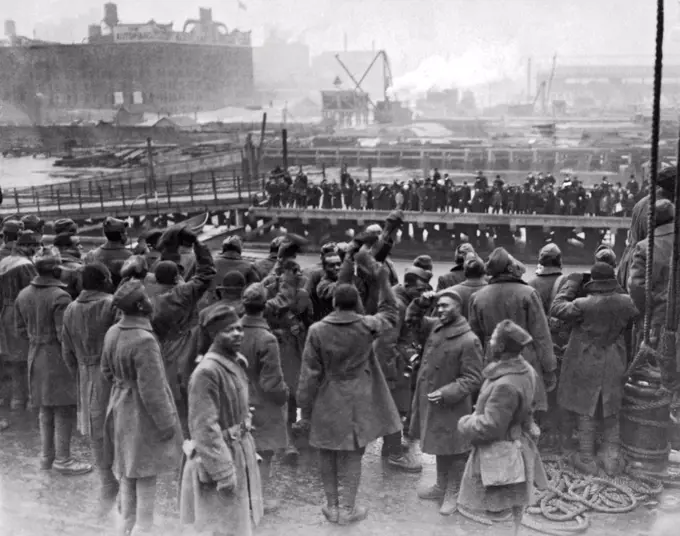 New York, New York:  February 12, 1919. Member of the 15th Infantry, the only African American Regiment from New York, return to a heroes' parade and reception for their valor in the war.