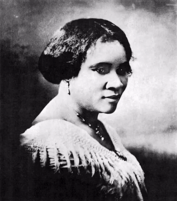 Indianapolis, Indiana: c. 1914 Portarit of Sarah Breedlove, who became known as C.J. Walker. She established a hair care products business for black women and became the first self-made female American millionaire.