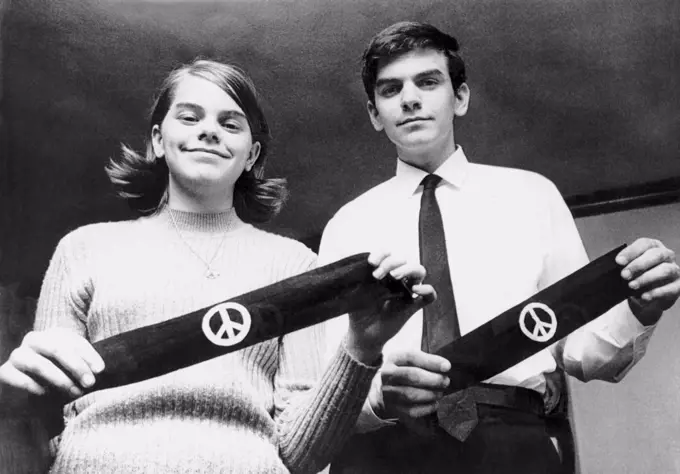 Des Moines, Iowa:  March 4, 1968 These two students, brother and sister, were suspended from North High School for wearing these armbands to mourn the Vietnam war dead. The case will be heard before the U.S. Supreme Court as to how much public schools can restrict the wearing of political symbols.