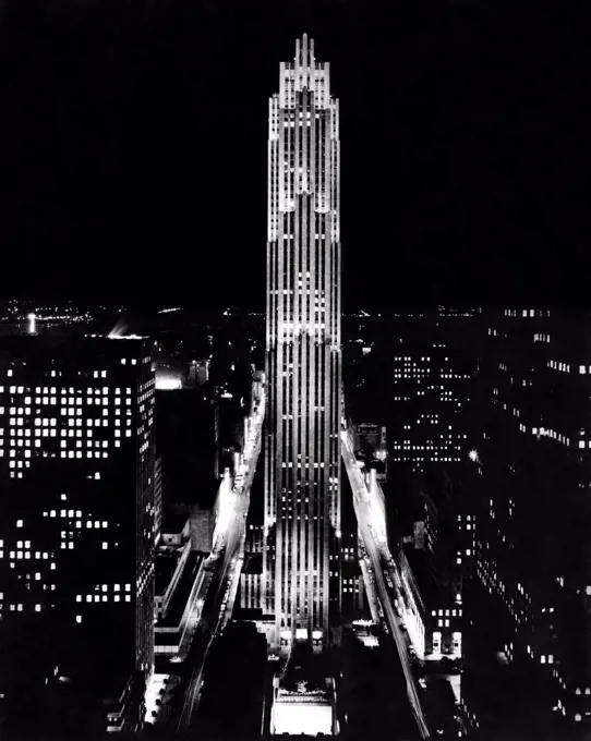 New York, New York:   c. 1938. A spectacular nighttime view of the 70 story RCA Building in Rockefeller Center in midtown Manhattan.