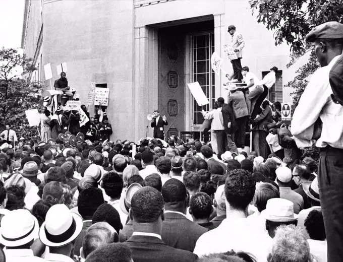 Washington, D.C.:  June 14, 1963 Attorney General Robert Kennedy addresses civil rights demonstrators in front of the Justice Deaprtment today.