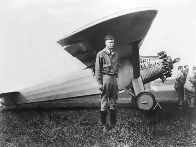 Roosevelt Field, New York:   May 20, 1927 Captain Charles Lindbergh with his plane, The Spirit of St. Louis, just before he departed on his record setting non-stop flight across the Atlantic Ocean from Long Island, New York to Paris.