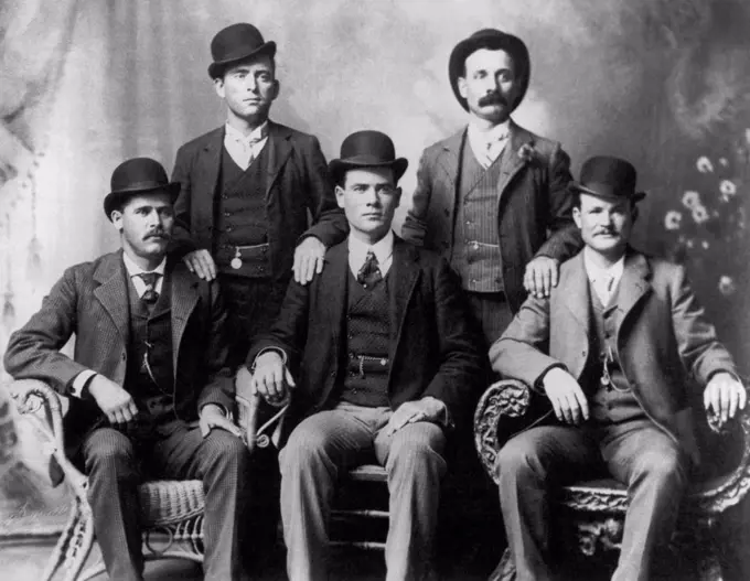 Ft. Worth, Texas,  1901. The Wild Bunch Gang: Front, L-R: Harry Longabaugh, aka The Sundance Kid, Ben Kilpatrick, aka The Tall Texan, Robert Leroy Parker, aka Butch Cassidy. Back, L-R: Wil Carver, Harvey Logan, aka Kid Curry