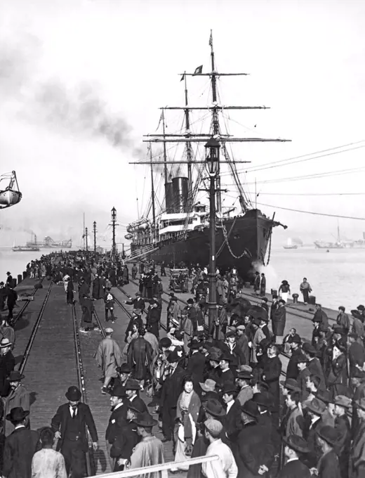 Yokohama, Japan:  c. 1910 People on the docks where the Pacific Mail steamer, the SS China has arrived.