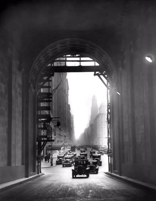 New York, New York:  c. 1929 Looking from inside the Arch at Grand Central at the cars coming up Park Avenue.