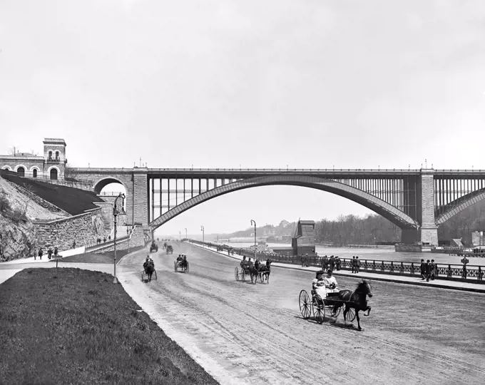 New York, New York:  c. 1901 A view of the Harlem River Speedway with the Washington Bridge in the background. It was initially open only to carriages and sulkies so the wealthy could parade their trotting horses down the 2.5 mile dirt roadway. Pedestrians, horseback riders, and cyclists were prohibited.