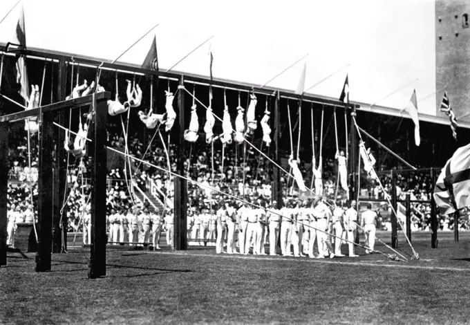 Stockholm, Sweden:  1912 Swedish gymnasts in a exhibition at the Olympic Games.