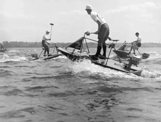 New Jersey:   c. 1936 A new water sport, speedboat polo, being played under the auspices of the South Jersey Speedboat Association. Spills and thrills add to the excitement.