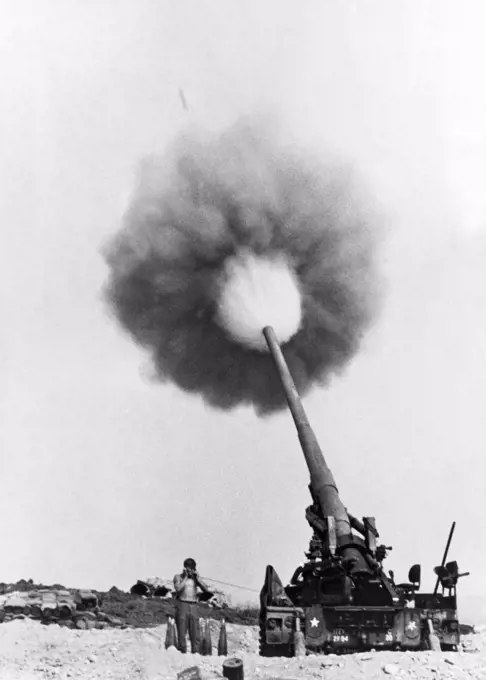 Camp Carroll, Vietnam:  June 6, 1967 An Army 175 mm. projectile blasts from a gun near the Demilitarized Zone.