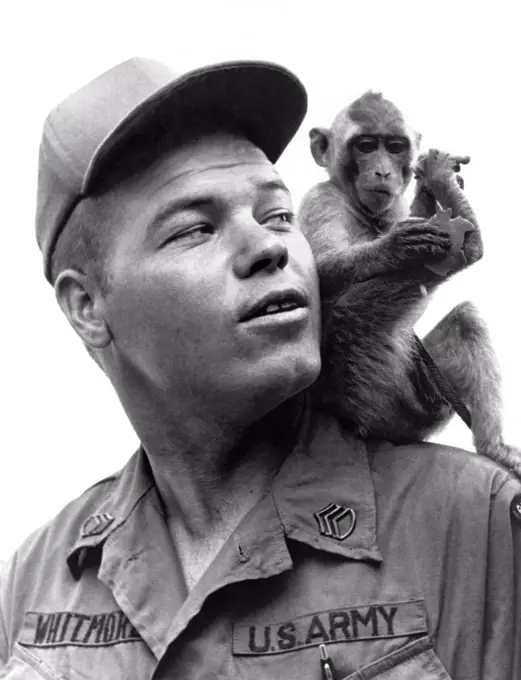 Vietnam:   May, 1968 A S/Sgt of the 101st Airborne Division warns his unit's mascot, Charlie, about any monkey business.