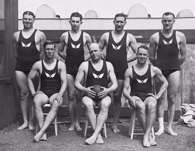 San Francisco, California:  1920 The San Francisco Olympic Club  Water Polo team, winner of the American title in 1920. Behind L-R: Gardner, Steiger, Resleure, Smith. Front L-R: Goodman, Carson, Schultz. They will go to Chicago for the Olympic swimming trials to be held in the Lincoln Park lagoon and will probably be part of the United States team at the Olympic Games in Belgium.