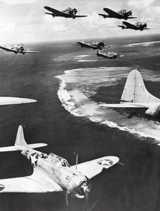 Midway Island:    November 16, 1942 US planes patrolling the area around Midway Island on the lookout for Japanese aircraft.