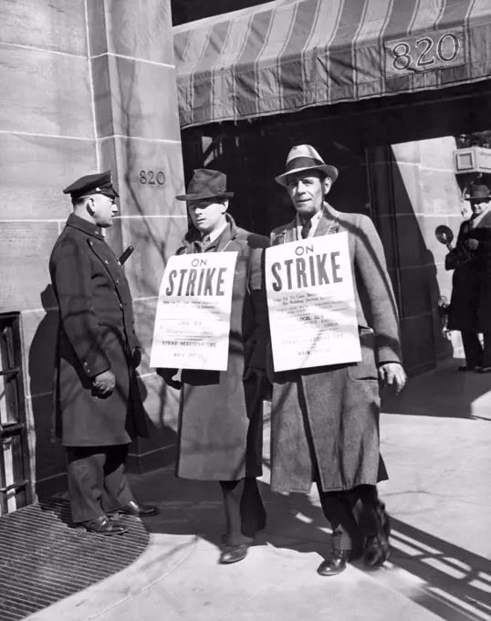 New York, New York:   c. 1938  Service Employees International Unon members picket in front of Governor Lehman's residence on Park Ave.