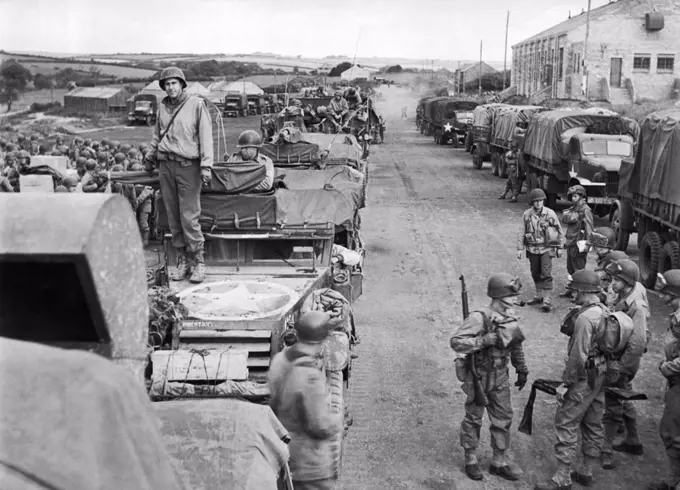 England:  June 5, 1944 Troops and equipment lined up somewhere in England ready to embark on the D-Day invasion of France.