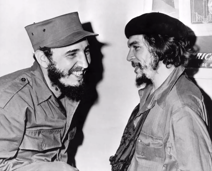 Cuba:  1959 Cuban Premier Fidel Castro and second in command Ernesto (Che) Guevara share a light hearted moment.