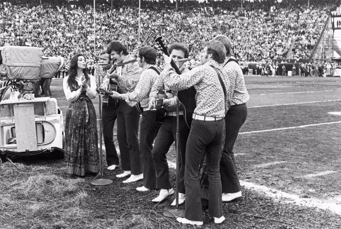 New Orleans, Louisiana: January 11, 1970 The folk music group the New Christy Minstrels performing at Tulane Stadium during halftime at Super Bowl IV in New Orleans. They were introduced as "Young Americans who demonstrate -- with guitars".