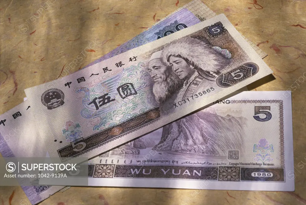 Close-up of yuan notes