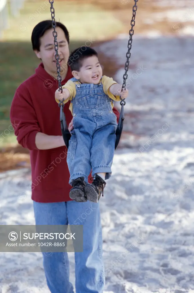 Father pushing his son on a swing