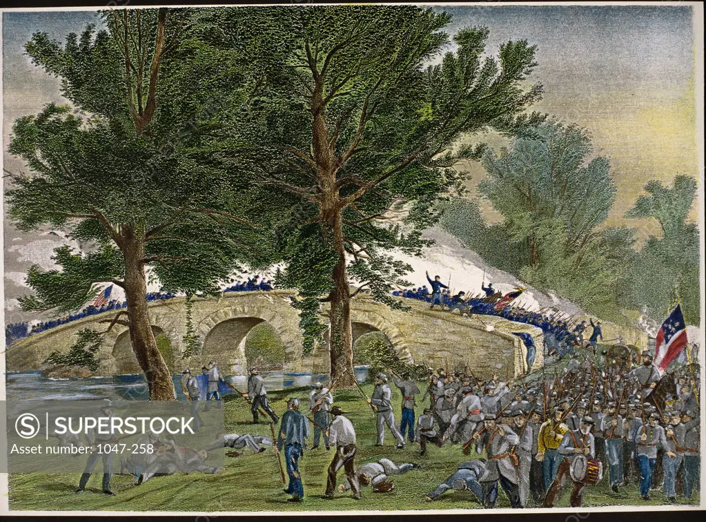 Charge of Burnsides Division at Bridge, Battle of Antietam, September 17, 1862  American History Artist Unknown  