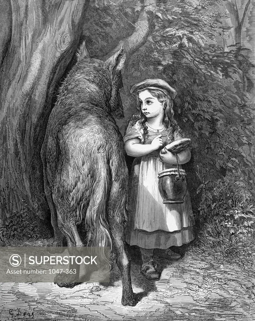 Little Red Riding Hood Meets the Wolf Gustave Dore (1832-1883/French) Engraving Stock Montage, Inc. 