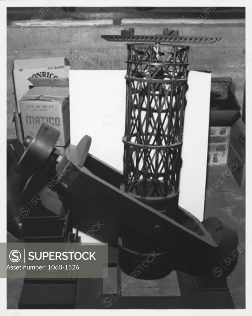 MODEL OF 100-INCH TELESCOPE WITH 20-FOOT MICHELSON INTERFEROMETER ATTACHED AT THE END OF THE TUBE.  PHOTO TAKEN IN ATTIC AT SANTA BARBARA ST.